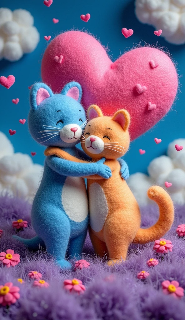 Our Felt Style，surreal space，abstract，A girl weaving with a cat is hugging each other，Fluffy love heart，fluffy clouds，star，grass，flowers，In my dream、A vivid and fun way to set the stage，blue, Purple and pink tones，bright，Art