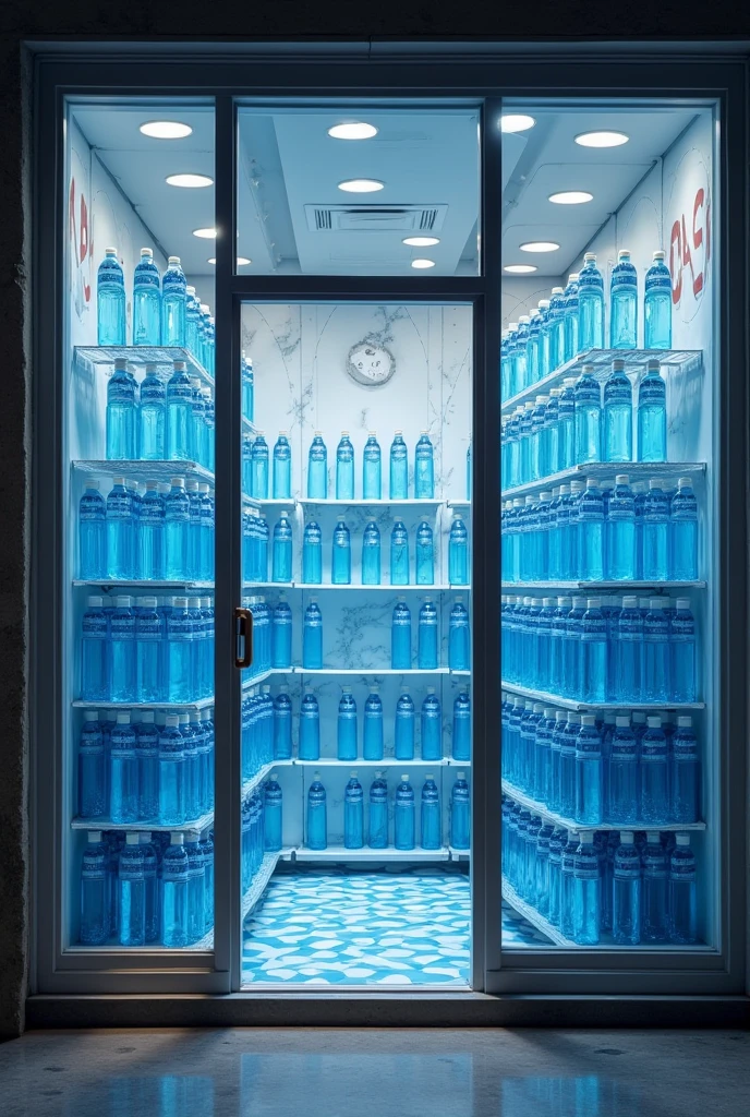 Create an image of an open display window of a store selling bottled water