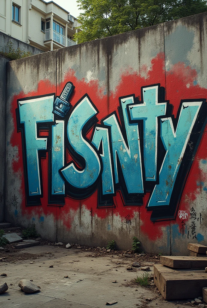 Graffiti written on wall " FLSanty " with drawings of cigarettes, microphones and rap references on the depressive wall