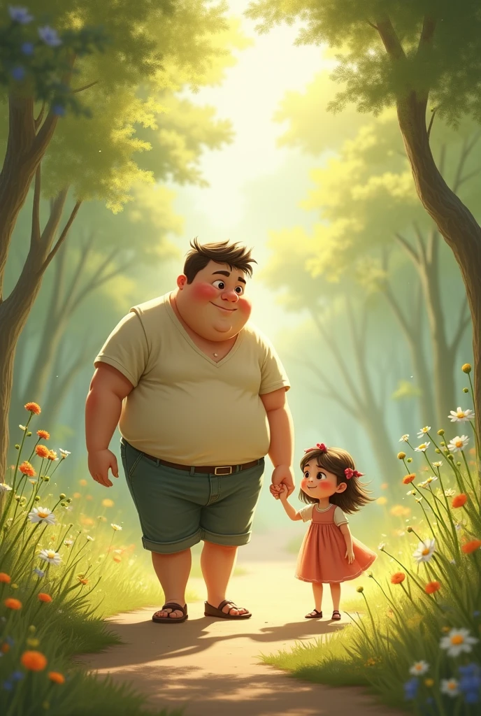 A fat and tall boy walking with a thin and small girl by holding hands 
