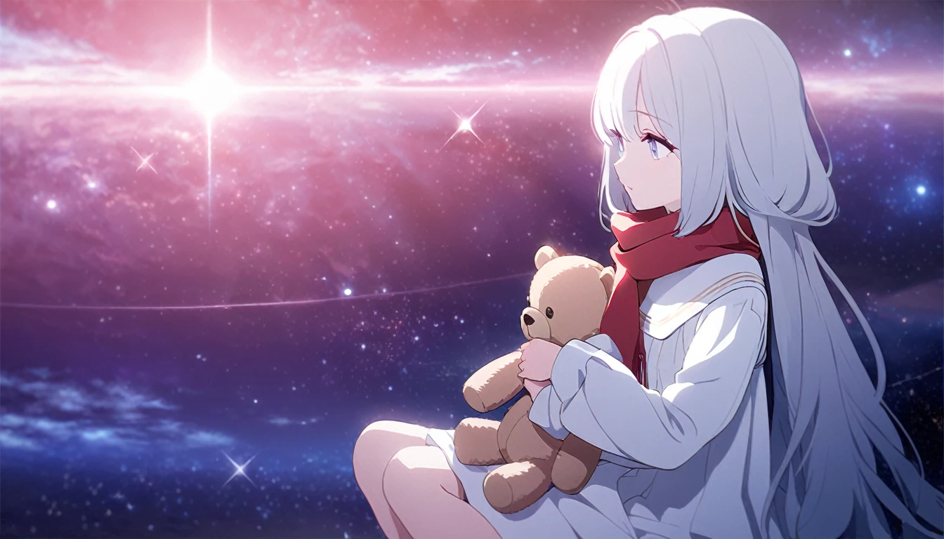 (((masterpiece))), (((Highest quality))),(((Attention to detail))),Light manipulation, Long silver hair girl, Gradient purple to sky blue eyes, Wearing a white dress, Red scarf, (((change))), ((())) , Galaxy Background, Holding a teddy bear, feet, No footwear