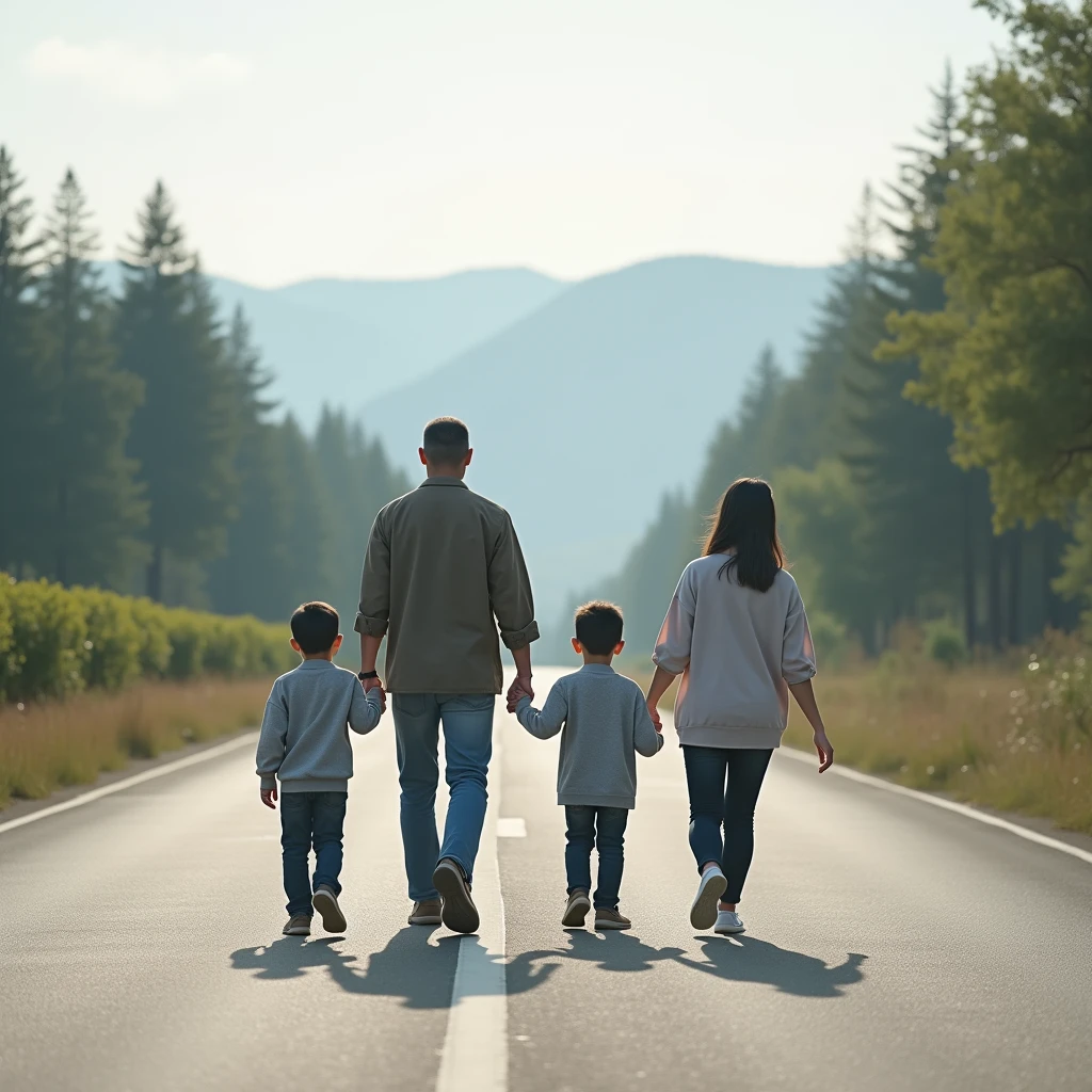 An Asian family of four consists of four members: A father and his two sons walking hand in hand down a long road leading to distant hills, Few trees, High quality photos, Actual Photos, Ultra-realistic , Camera angle close to the family, Shot with Canon EOS 5D, ((whole body)), Only 4 people, Family standing in the back right,Everyone looks at the camera