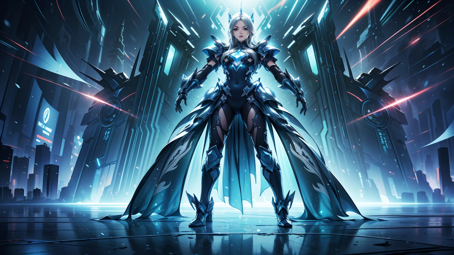 (((masterpiece, Highest quality, 8k)))(((masterpiece, Highest quality, Detailed, 8k))) Design a layout showcase for game characters, (One girl). green+Silver high-tech battle suit, Stylish and unique. ((arms:1.4)), Energy Blaster. (masterpiece:1.2), (Highest quality), 4K, 非常にDetailed. (Bright lighting, Atmospheric lighting). Future Warrior, ((glove full hands)), (((Revealing clothing:1.3))), High-tech arm rests, Armored Legwear, (((full_body_shot:1.4))). {In a futuristic cityscape}.