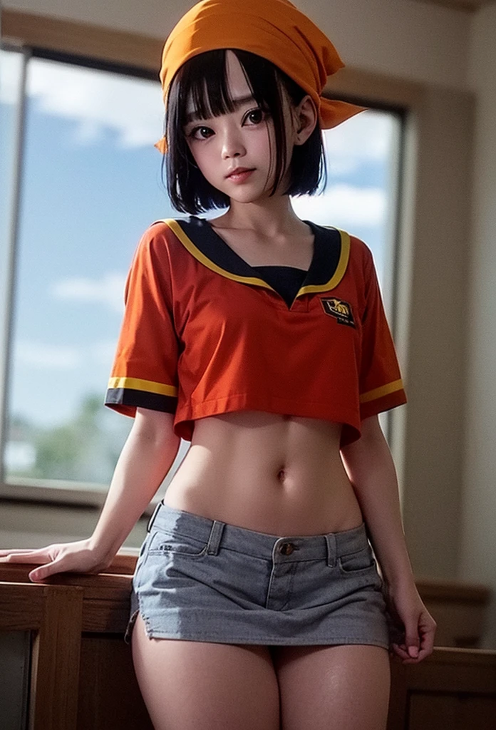 Masterpiece,Solo,One Girl,Pan,(Dragon Ball GT),Perfect Body,Ultra High Quality,Ultra High Resolution,Ultra Detailed,Photograph 8K,Theme School Girl,School Girl Short Sleeve Suit,Short Skirt,Beautiful,Beautiful Girl,Short Hair,Classroom Background,Orange Bandana Hair