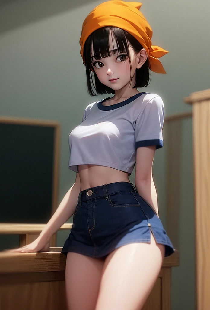 Masterpiece,Solo,One Girl,Pan,(Dragon Ball GT),Perfect Body,Ultra High Quality,Ultra High Resolution,Ultra Detailed,Photograph 8K,Theme School Girl,School Girl Short Sleeve Suit,Short Skirt,Beautiful,Beautiful Girl,Short Hair,Classroom Background,Orange Bandana Hair