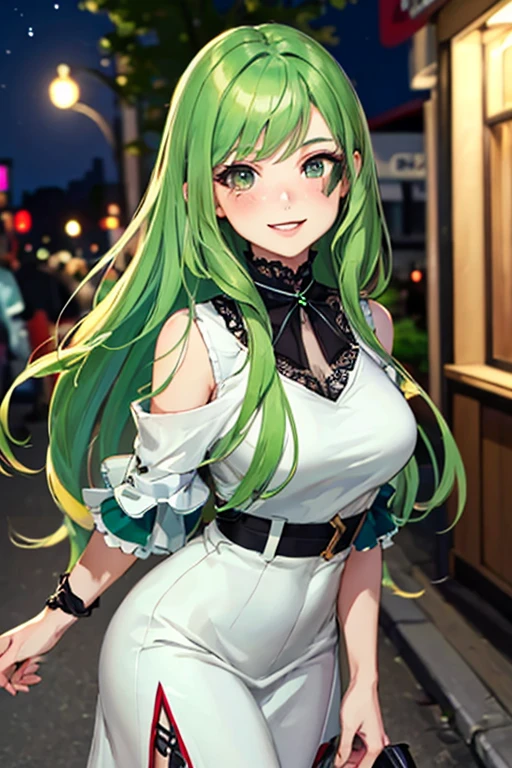 ((masterpiece)), (((best quality))), chromatic lighting,
colorized, green + white limited color palette, 
detailed concept drawing,
Shibuya street Fashion, suburb , night,
portrait, 20yo 1girl, medium soft breasts, slender, long green hair, black eyes, smiling