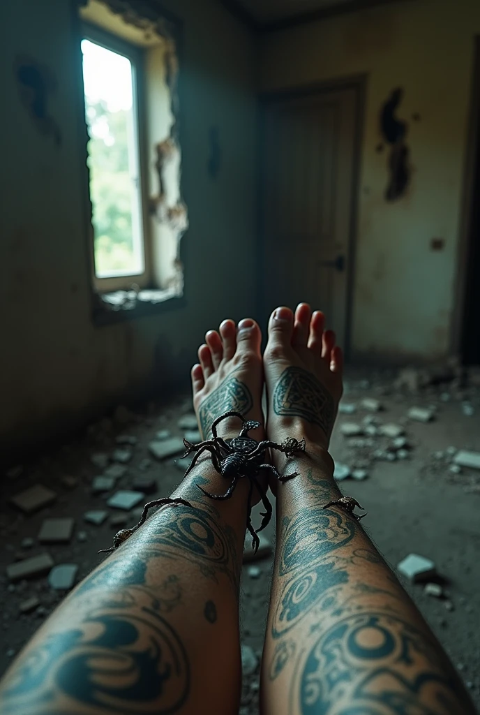 a devastated house interior, crumbling walls with gaping holes, first-person view of arms and legs, scorpions crawling up the body, tattooing complex astrological symbols, intricate details, cinematic lighting, moody atmosphere, dark tones, horror, surreal, masterpiece, photorealistic, 8k, hyperdetailed