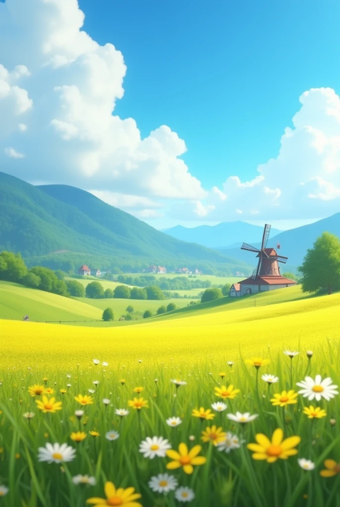 Spring countryside, yellow green grassland, blooming yellow and white small flowers, blue sky, distant mountains, with mills and small houses embellished in the distance, ,Pixar, high detail, 8k