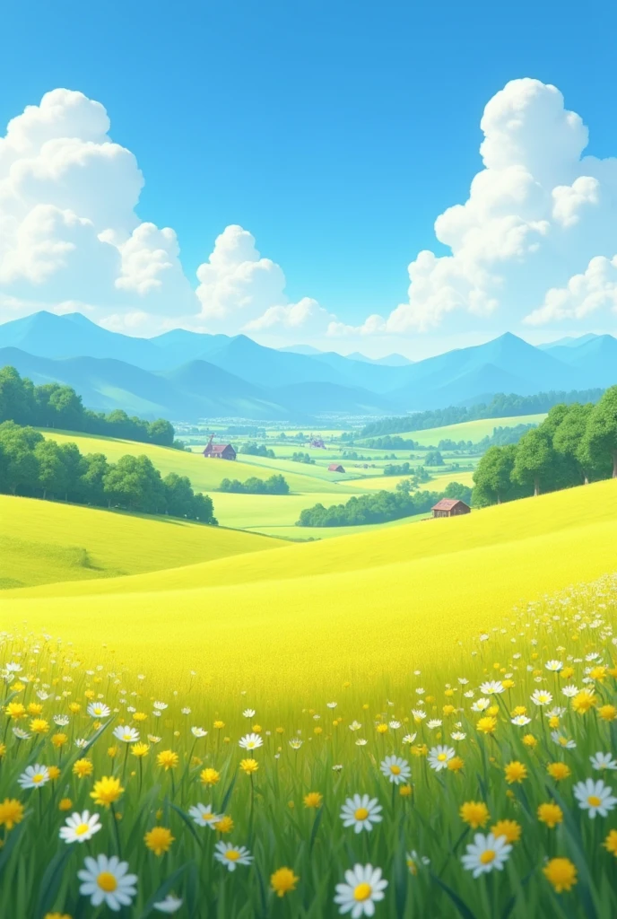 Spring countryside, yellow green grassland, blooming yellow and white small flowers, blue sky, distant mountains, with mills and small houses embellished in the distance, ,Pixar, high detail, 8k