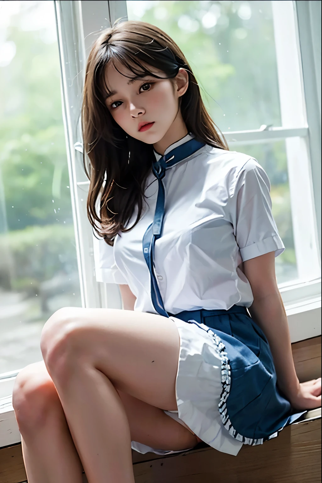 Cute girl is confined and tied up、A lighted room at night、White underneath the blue skirt、Red short sleeve shirt、Sit forward with your feet together、beauty、Age 18、Medium、Outside the window is night、Cute face、Innocent look、Realistic Face