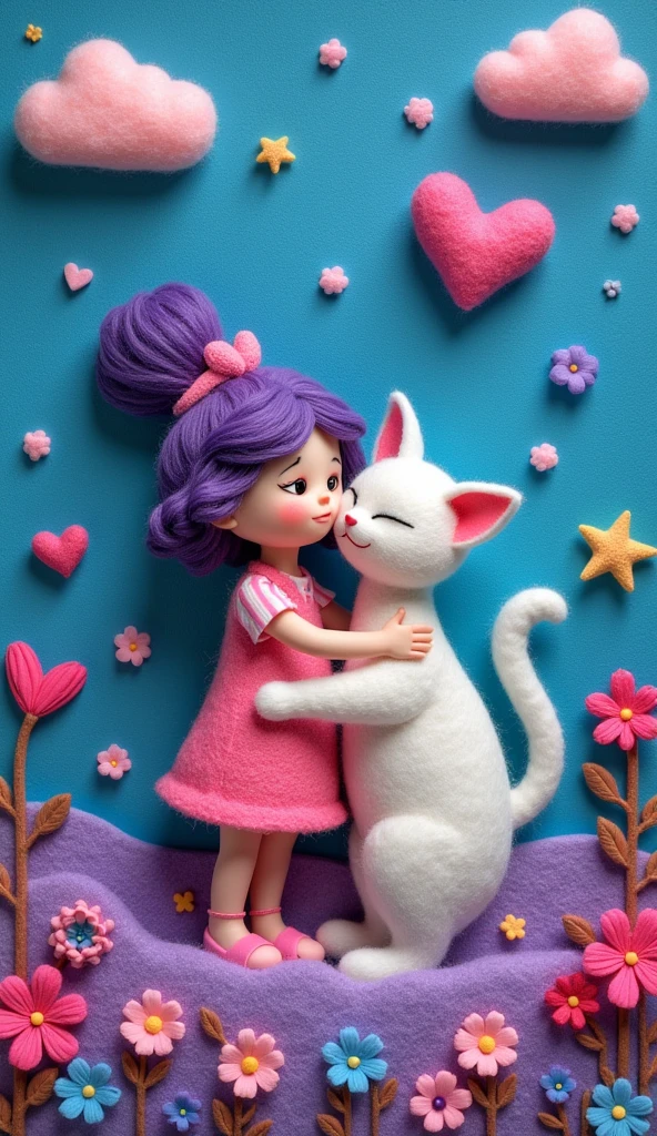 Our Felt Style，surreal space，abstract，A girl weaving with a cat is hugging each other，Fluffy love heart，fluffy clouds，star，grass，flowers，In my dream、A vivid and fun way to set the stage，blue, Purple and pink tones，bright，Art