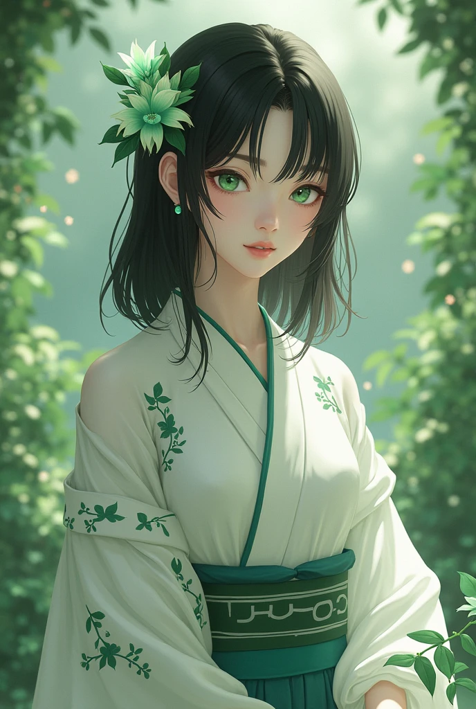 A woman around 18 years old with mint-colored droopy eyes, wearing a white kimono with green leaves, shoulder-length black hair, an emerald-colored flower hair ornament, a green bracelet, and a long skirt with a wave pattern