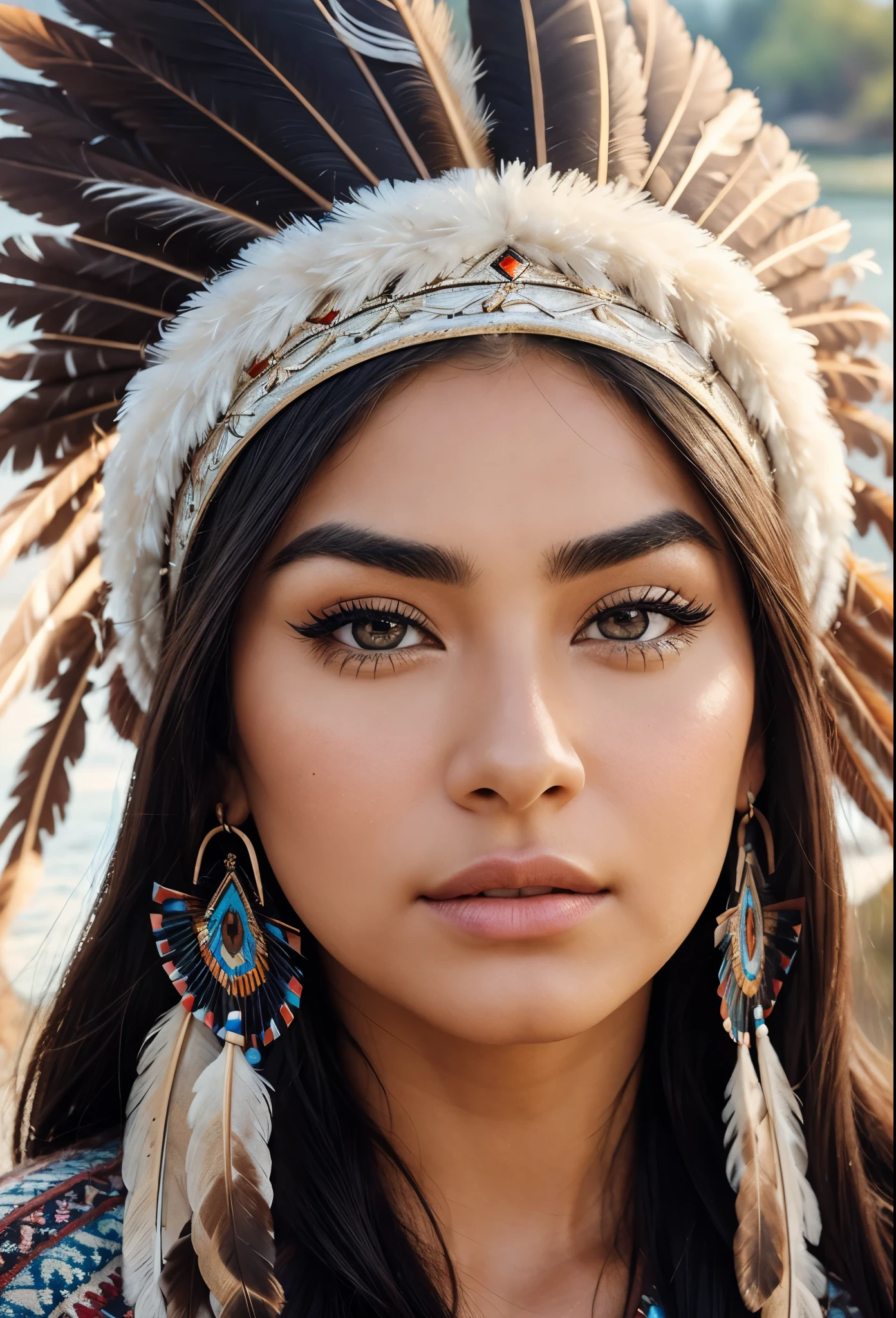 Artwork camera focused on the face of an American Indian woman with very large eyebrows and eyes, Perfect long eyelashes, thick split lips, perfect nose wears on his head a very perfect tuft of feathers, The background is a beautiful, very crystalline river.