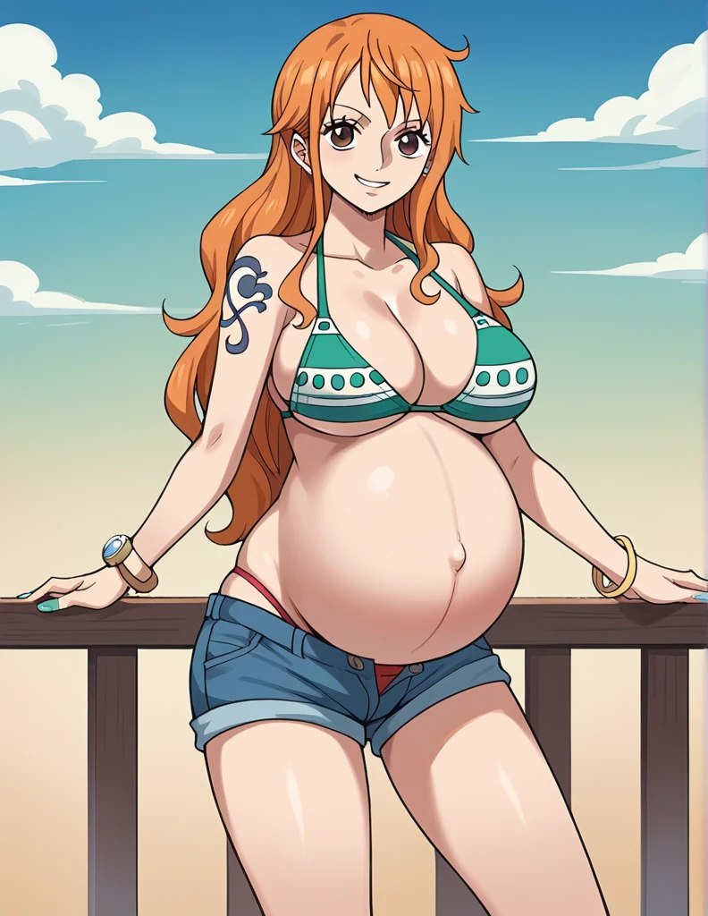score_9, score_8_up, score_7_up, source_anime, best quality, clear face, 1girl, nami, NAAmi, orange hair, blue eyes, large breasts, shorts, cleavage, smile, looking at viewer, sky, standing, pregnant belly, huge belly, belly, bikini, panties, Brown heels, aqua nails