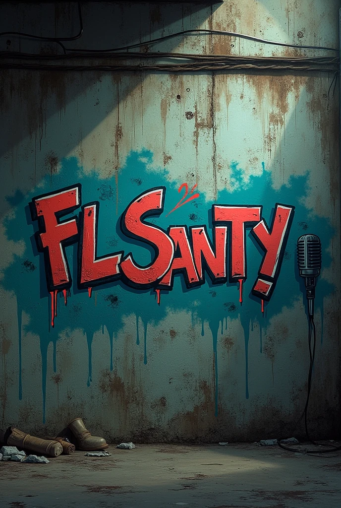Graffiti written on wall " FLSanty " with drawings of cigarettes, microphone and rap references on the depressive dark wall