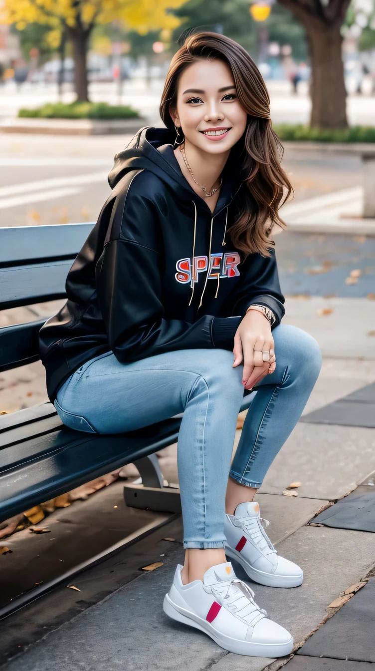 Super Resolution、Beautiful Caucasian Woman、Full body photo、sitting on a park bench、ear piercing、necklace、hoodie、Skinny jeans、sneakers、、smile、Beautiful teeth alignment
