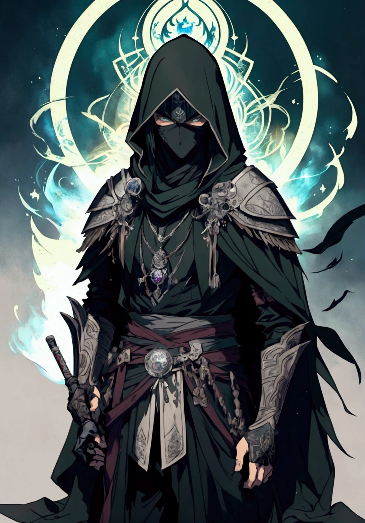 (Masterpiece), ((Highest Quality)),(Official Art),dark epic:1.2),(1 solo anime man: 1.3). A Middle-Eastern assassin man with spiky black hair, green eyes, tan skin, and masked face. He wears a white assassin robe, standing inside a dark temple surrounded by fire background. Detailed picture. Detailed eyes. Masculine jaw. Soft fairytale picture Arthur Rackham-style. Colorful, best detailed ((super detailed)), (highly detailed 2D anime man illustration), ((dark and beautiful))