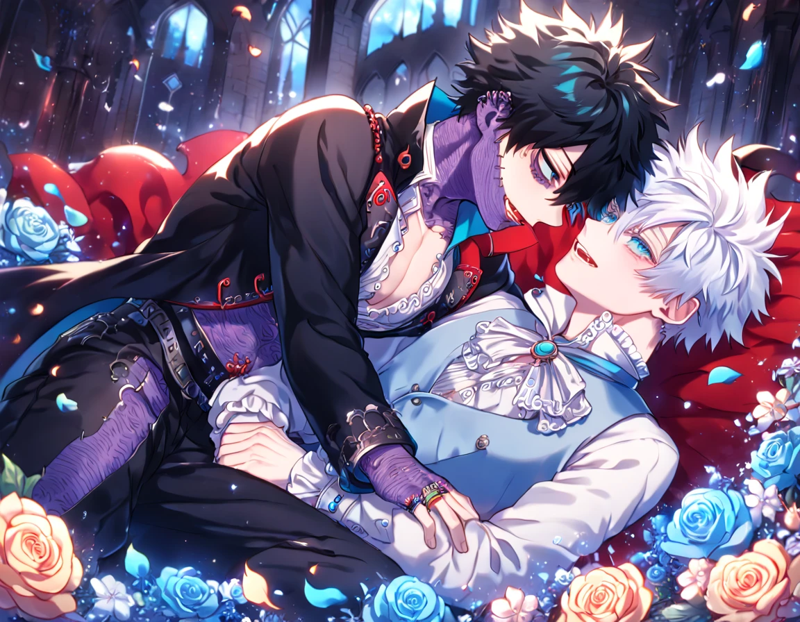 absurdres, highres, ultra detailed, HDR, master piece, best quality, extremely detailed face, delicated features, Dabi, black hair, expressive turquoise eyes, Boku No Hero Academia, Gojou Satoru, white hair, expressive blue eyes, white eyelashes, two sexy men together, yaoi, gay couple, handsome, vampire clothes, vampires, accessories, cape, fantasy, magical, inside a castle, night, petals, flowers, luxurious room