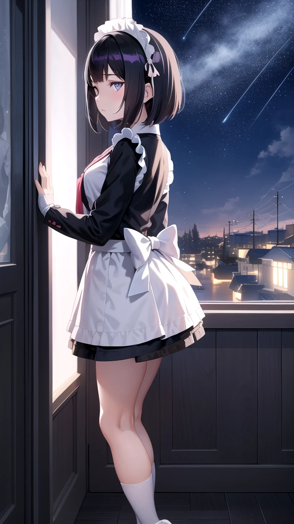 A charming anime girl staring at the stars from the window in her room, Ilya Kuvshinov. 4k yen, Anime Moe Art Style, Anime girl in maid outfit, Cute girl anime visuals, Anime Best Girl, Attractive anime girl, Beautiful anime school girl