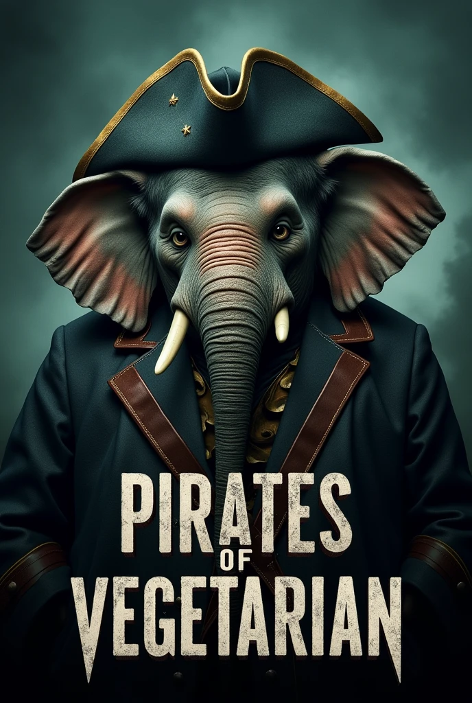 Create a cinematic poster featuring photorealistic portrait of Dressed animals - a ((fat)) elephant pirate, , wearing pirate costume and pirate hat , with a serious, intense expression, He should be slightly off-center in the composition, The background should be dark and gritty, pirate's ship with smoky or grunge textures, Use a color scheme of black, deep blues, and dark greens, with subtle silver or gold accents to capture the show's mood, At the bottom of the poster, place the text "PIRATES OF VEGETARIAN" in large, bold, distressed letters, in a sans-serif font. The text should have a cinematic style, with slight shadow or glow effects to make it stand out against the background.