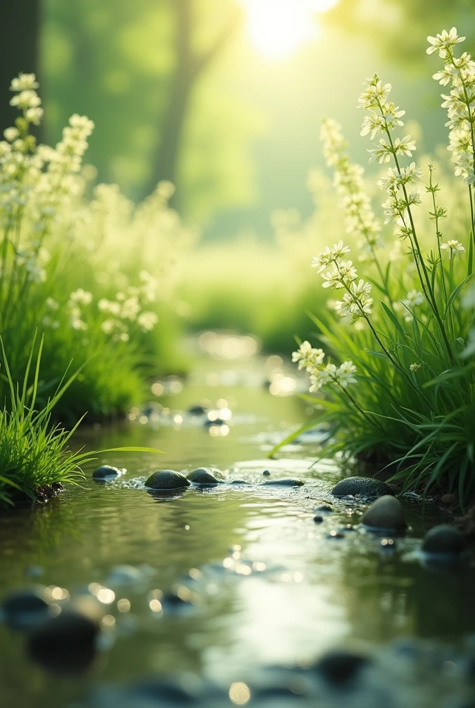 Spring, in the valley stream, there are endless flowers swaying in the wind. The sun shines on them from above, creating a soft dreamy light green color scheme. At close range, you can see the flowers and plants reflected in the stream. This scene gives people a sense of tranquility and peace