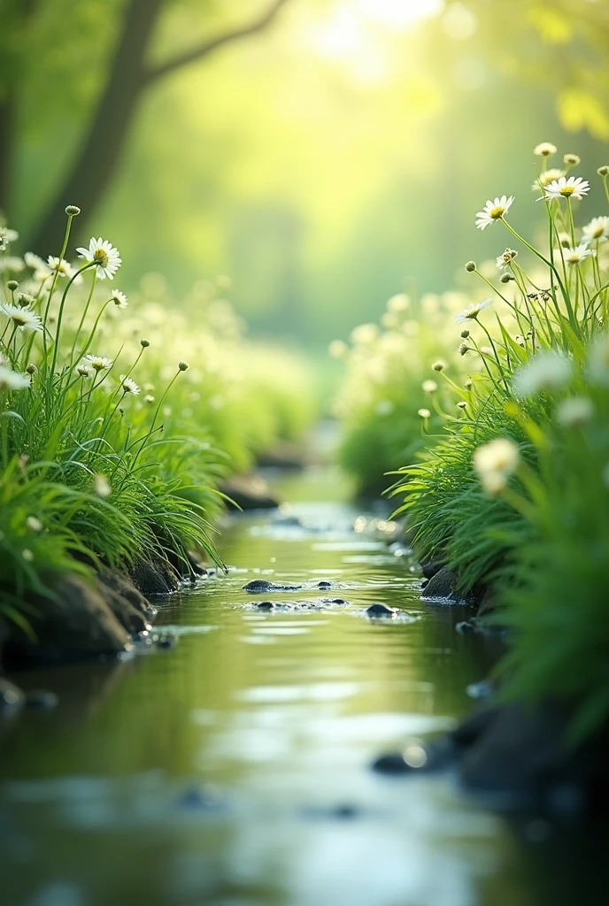 Spring, in the valley stream, there are endless flowers swaying in the wind. The sun shines on them from above, creating a soft dreamy light green color scheme. At close range, you can see the flowers and plants reflected in the stream. This scene gives people a sense of tranquility and peace