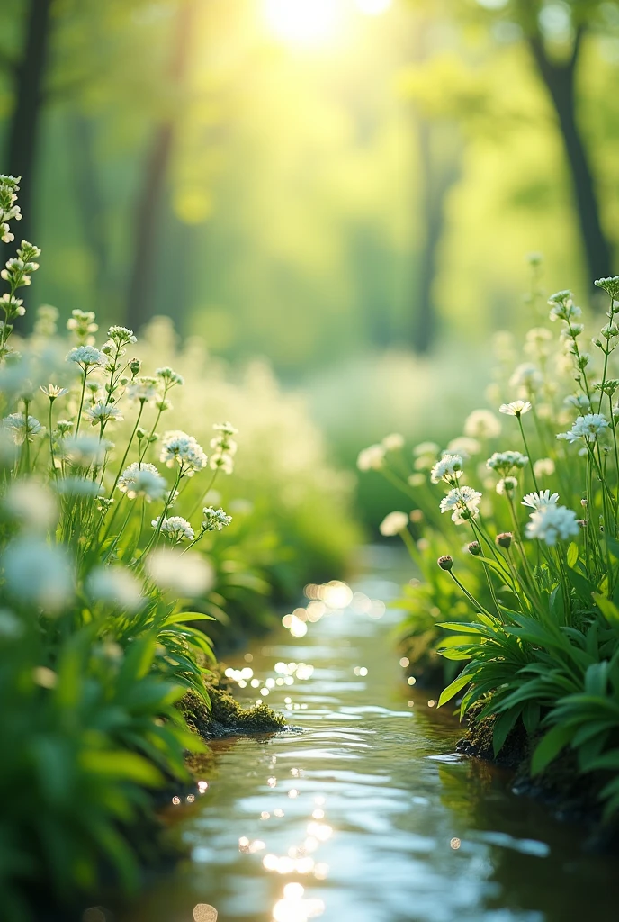 Spring, in the valley stream, there are endless flowers swaying in the wind. The sun shines on them from above, creating a soft dreamy light green color scheme. At close range, you can see the flowers and plants reflected in the stream. This scene gives people a sense of tranquility and peace
