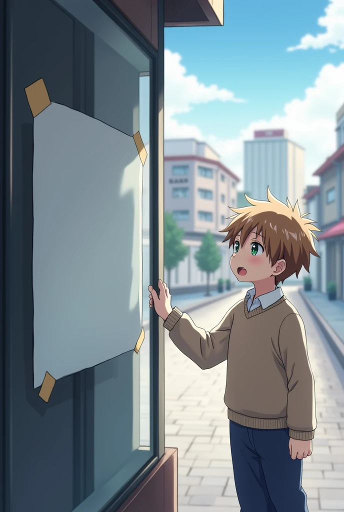 Short anime boy, light brown hair and green eyes, wearing a light brown sweater and a white shirt underneath, dark blue pants, his expression was surprised and somewhat scared. looking at a sign taped to a shop window while standing outside in the sky on a cloudy day and buildings