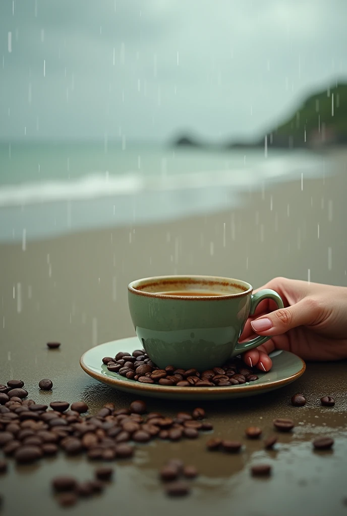 Ladies hand coffee green cup coffee beans in plate rain morning  beach 