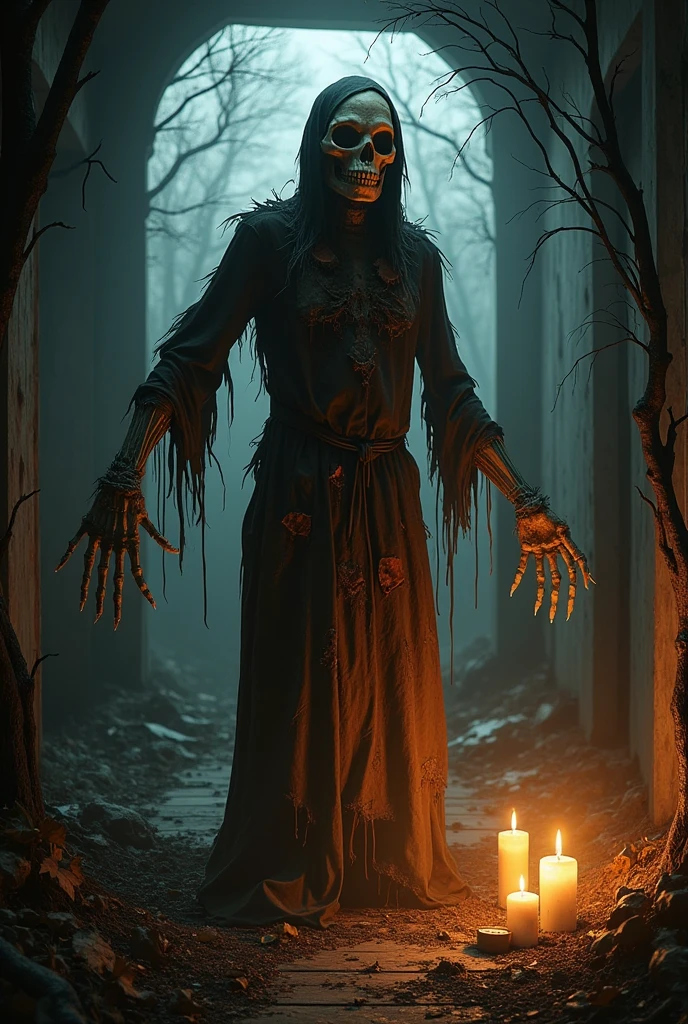 Spooky Scarecrow, in the shape of a skull, in a house in the woods, with fire hazards around it