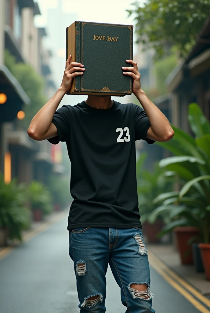 (photorealism:1.2), man, Standing on the street, Wearing ripped jeans and a black t-shirt with a picture 23, Book-headed, holding the head with Short hair, outdoors, soft lighting, plants in background, relaxed pose, realistic, intricate details, Dramatic colors,