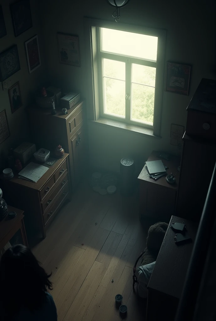 a room/ dark room where it is a bit messy and the perspective is from above Where can I get a little light through the window 