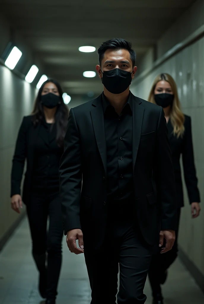 A man with short black hair and a black suit followed by a woman with black hair and a black suit as well as another woman with blonde hair and a black suit, all wearing black face masks., They escape from a bank through an underground tunnel, It's dark and they use flashlights to escape.