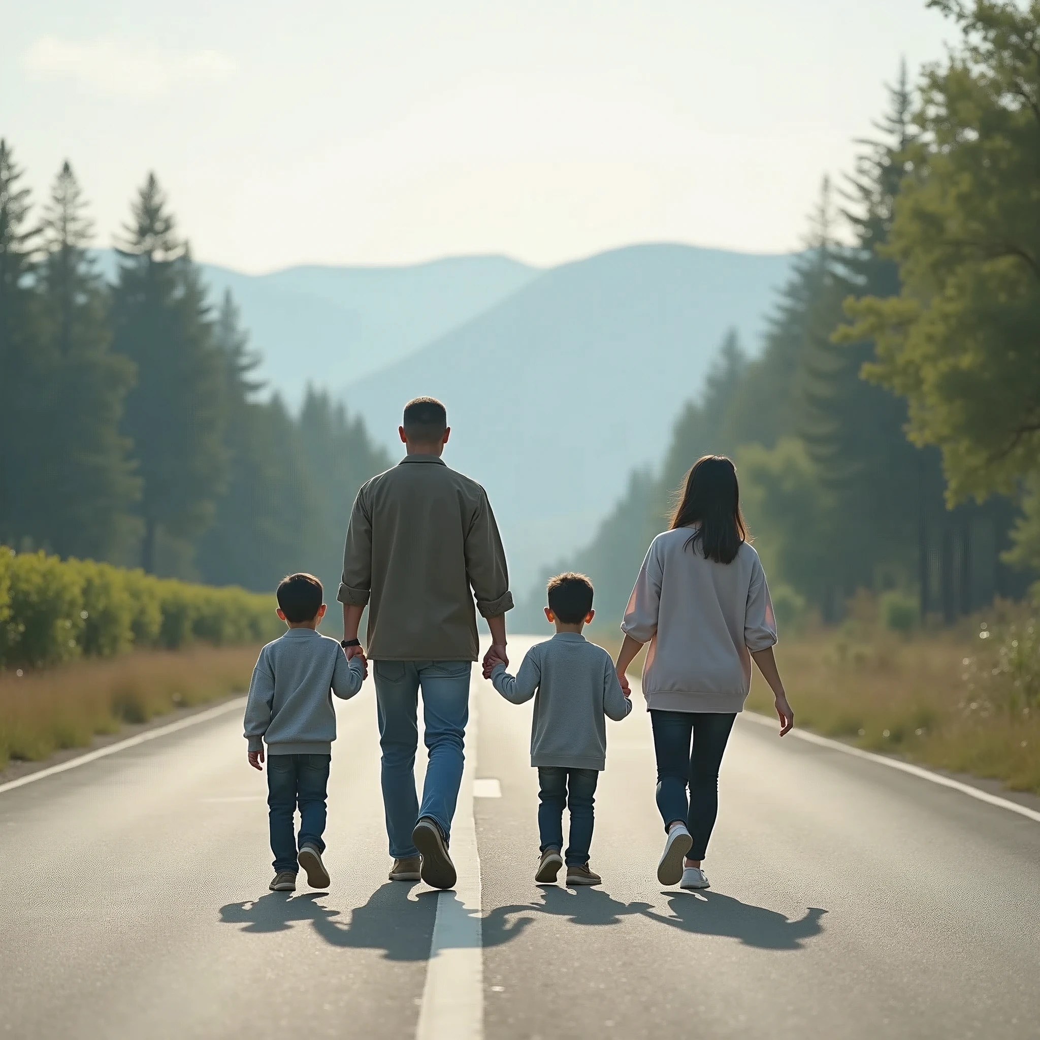 An Asian family of four consists of four members: A father and his two sons walking hand in hand down a long road leading to distant hills, Few trees, High quality photos, Actual Photos, Ultra-realistic , Camera angle close to the family, Shot with Canon EOS 5D, ((whole body)), Only 4 people, Family standing in the back right,Everyone looks at the camera