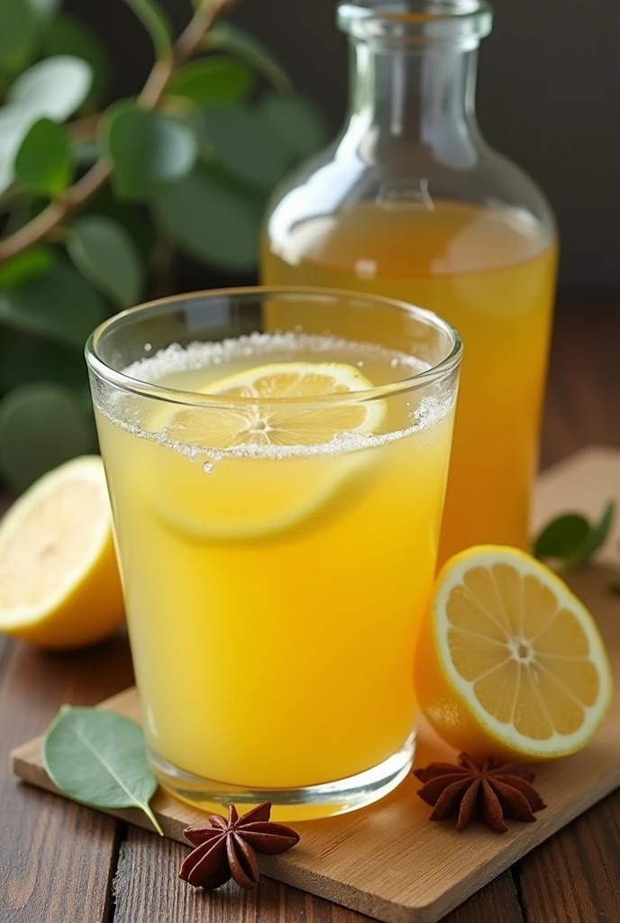 1/2 cups lemon juice 1½ liter water.
4 star anise.
10 eucalyptus leaves.
Thyme branches.
3/4 teaspoon ginger juice.
1 1/2 cups of honey.
5 tablespoons of unflavored gelatin.