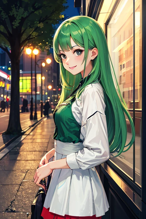 ((masterpiece)), (((best quality))), chromatic lighting,
colorized, green + white limited color palette,
detailed concept drawing,
Street Fashion, suburb , night,
portrait, 20yo 1girl, medium soft breasts, slender, long green hair, black eyes, smiling