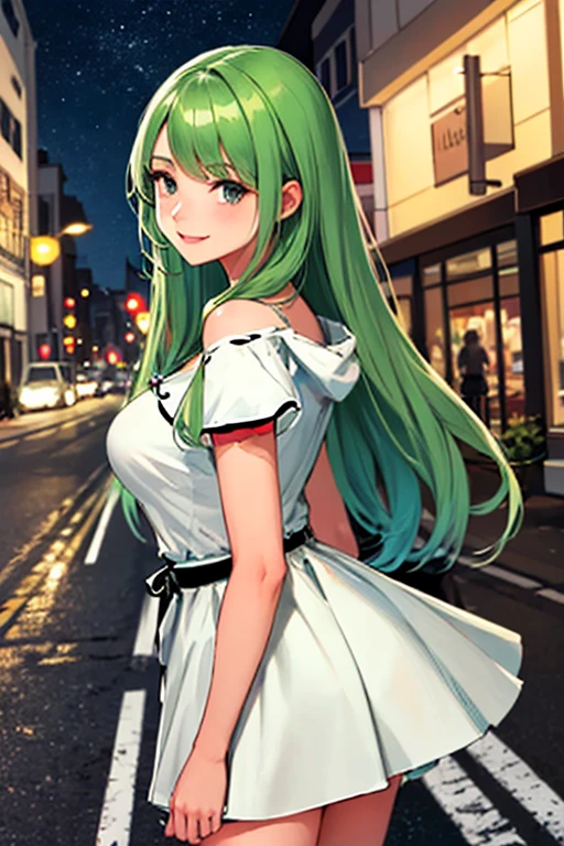 ((masterpiece)), (((best quality))), chromatic lighting,
colorized, green + white limited color palette, 
detailed concept drawing,
Street Fashion, suburb , night,
portrait, 20yo 1girl, medium soft breasts, slender, long green hair, black eyes, smiling