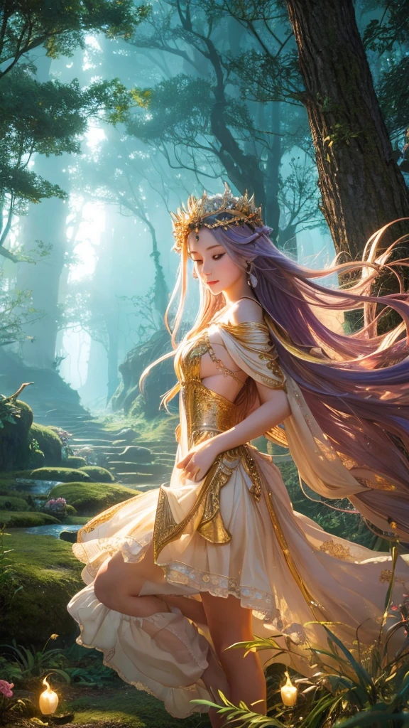 In a beautiful and fantastical landscape、A gorgeous goddess of love stands。She is facing forward in an elegant pose.、The air around her seems to rise up.。Her hair flutters in the wind、The light shines on her skin。A mysterious forest spreads in the background.、It is filled with divine energy.。This fantastical goddess figure、It will bring us love and magic.。