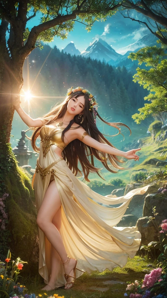 In a beautiful and fantastical landscape、A gorgeous goddess of love stands。She is facing forward in an elegant pose.、The air around her seems to rise up.。Her hair flutters in the wind、The light shines on her skin。A mysterious forest spreads in the background.、It is filled with divine energy.。This fantastical goddess figure、It will bring us love and magic.。