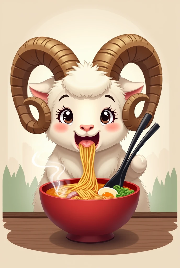 2D cartoon of a ram with horns, eating ramen