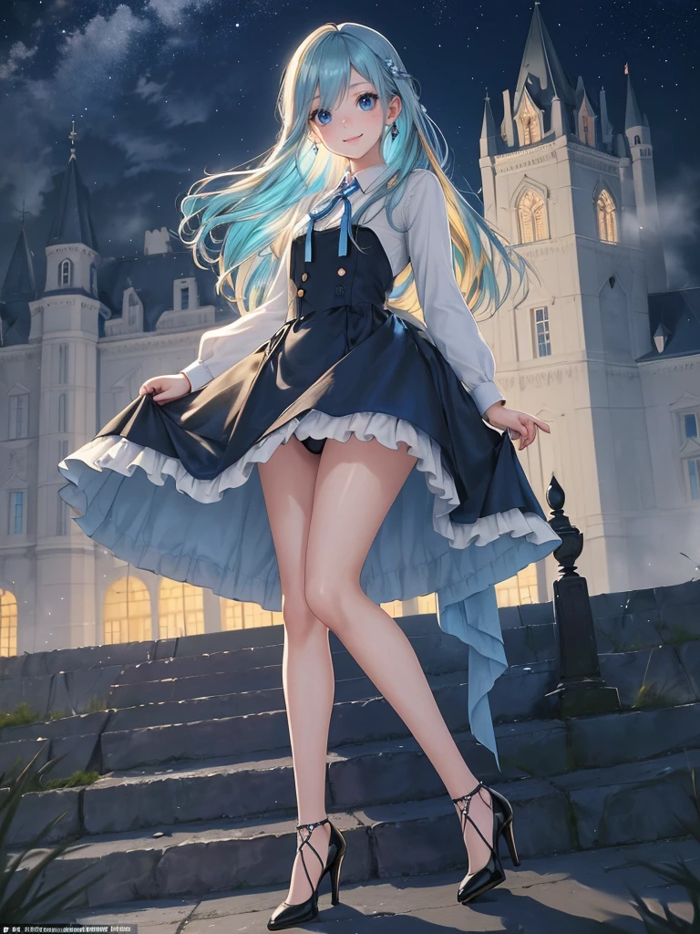 ((Biologically correct limb count)),(( From head to toe,Full-body photo including face)),4K,masterpiece,((Focus on the face)),((Symmetrical facial features)),Eyes with detailed description,Beautiful woman,Great style,Beautiful arms,Beautiful legs,Beautiful Hands,(Small Ass,Thin thighs),Detailed depiction of the face,Small earrings,necklace,(Will school uniform,dress((High heels))),((Outdoors at night, early morning)),(((blue blonde))),Realistic photo,Looking up,smile,((Sitting upright in front of a Western castle,Panty shot)),Nobody is here,(Thick Fog)