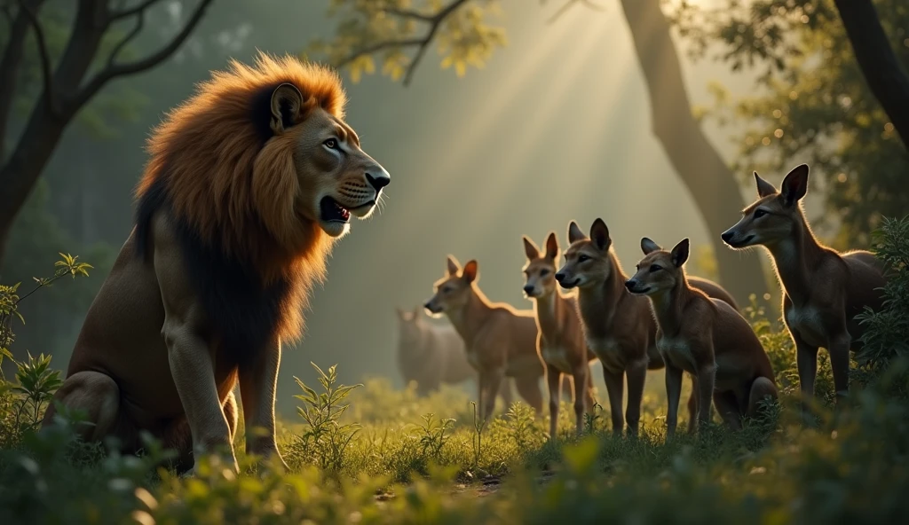 All Animals discuss behavior in hushed tones. Some look fearful, while others express their frustration and anger in their small gatherings. behavior created a climate of fear and resentment among the forest animals. They were tired of his arrogance and lived in constant worry of his wrath.” realistic likelike masterpiece cinematic 32K UHD