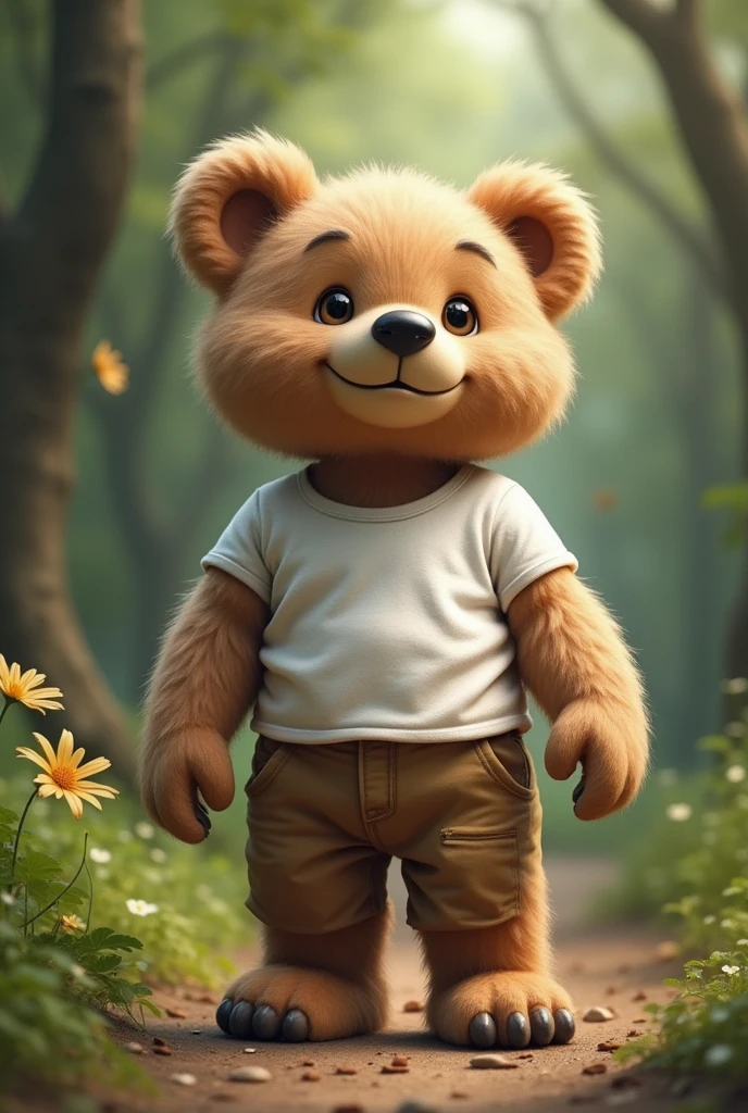 cute bear Jo white tshirt or pant pahana ho uski akhon mai Garv aur Himmat ki chamak hai baground Jungle