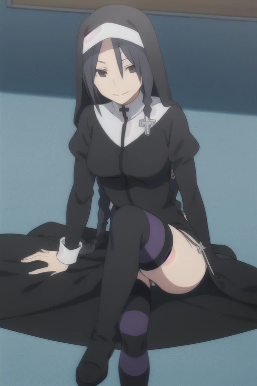 shinatsuhiko_yae, long hair, black hair, black eyes, nun, cross, striped thighhighs, long sleeves, dress, jewelry, side slit,white footwear,boots, room, sitting, Solo, 1girl, smile