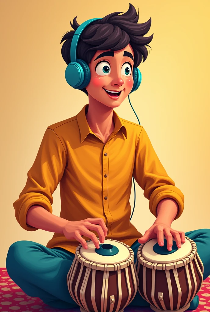 A vertical of mobile screen size cartoon like boy character of age 20-21years setting and playing tabla other than that he is wearing head phone and vibing with the music