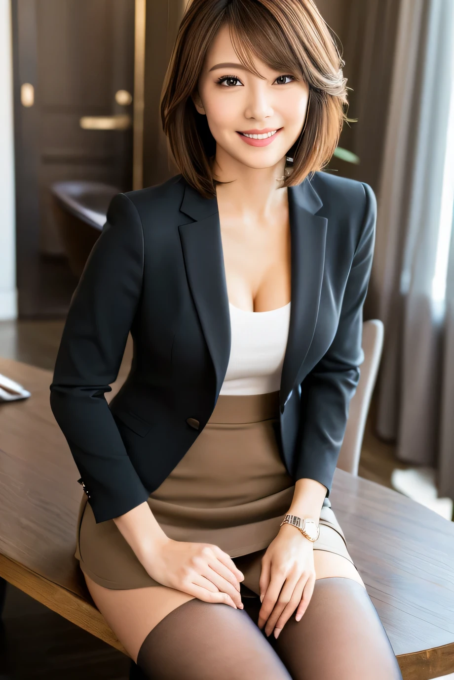 whole body, Highest quality, Realistic, Very detailed, finely, High resolution, 8k wallpaper, One beautiful woman,, Light brown bob cut hair, Wear a business suit, Sharp focus, Perfect dynamic composition, Beautiful and detailed, Thinning hair, Detailed Realistic skin texture, smile, Close-up portrait, Model body type,Cleavage、length, Muscular, Beautiful feet、Beautiful legs、Mini tight skirt、Black Pantyhose、I can see the toes of her high heels、Perfect Style、Sit on a chair、View from below、Healthy Thighs、tight ankles、Cute Japanese Girl