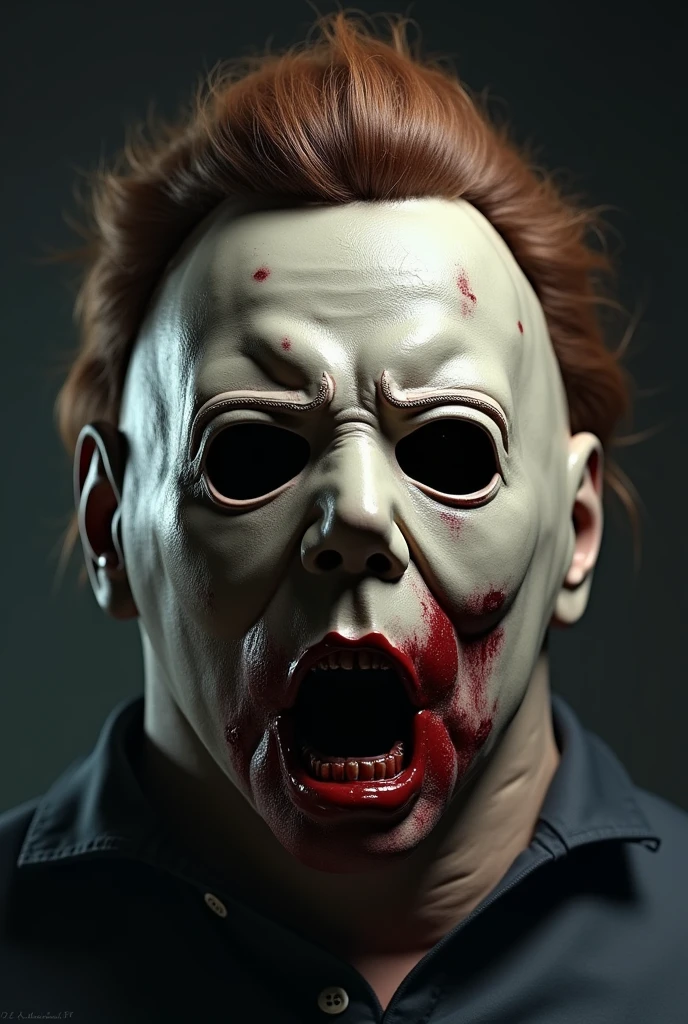 generates a realistic image of the Michael Myers bust-type mask with its marked features such as hair and overalls. The mask should look like a skull and blood should come out of the eyes.