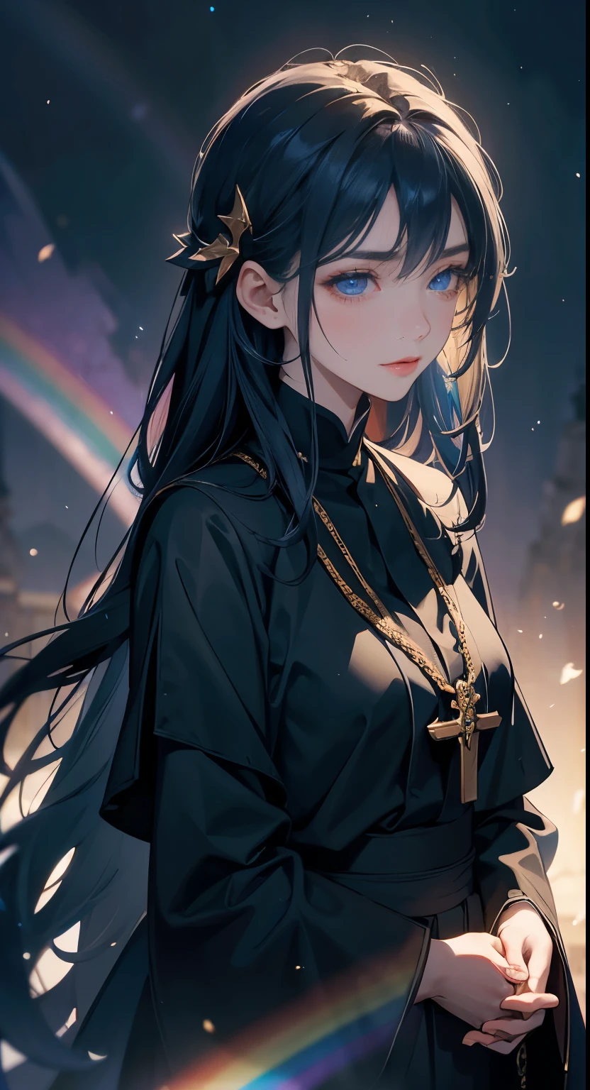 Masterpiece of ,(pray:1.5), Medium dark blue hair, Dark blue monastic vestments, (Detailed pupils:1.2), Dramatic Light, Strong Shadows, Nice views,Rainbow Aurora in sky,