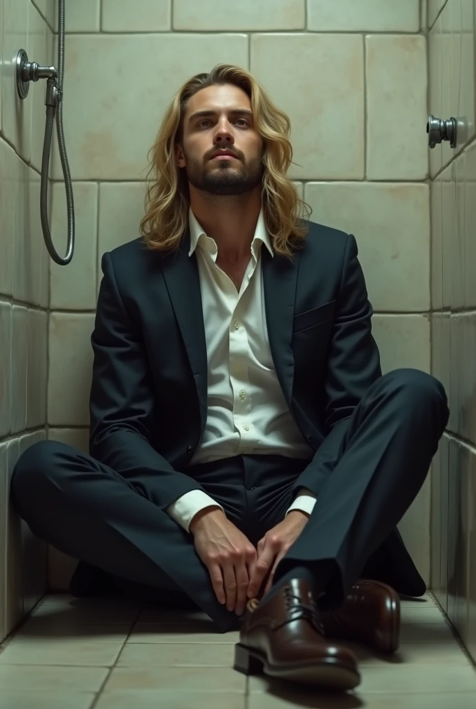 Bel Homme jeune 30 aine charismatique blond cheveux longs, légèrement barbu, en costard, mourrant assis nonchalant les jambes allongées sur le sol de la salle de bain le regard vide la tête légèrement relevée