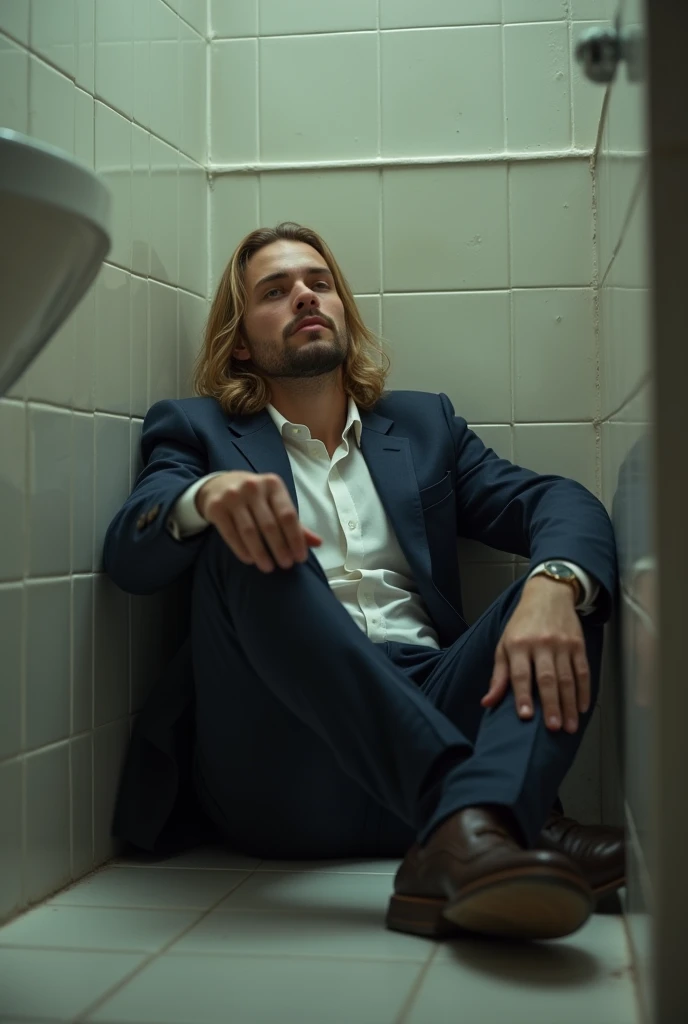 Bel Homme jeune 30 aine charismatique blond cheveux longs, légèrement barbu, en costard, mourrant assis nonchalant les jambes allongées sur le sol de la salle de bain le regard vide la tête légèrement relevée